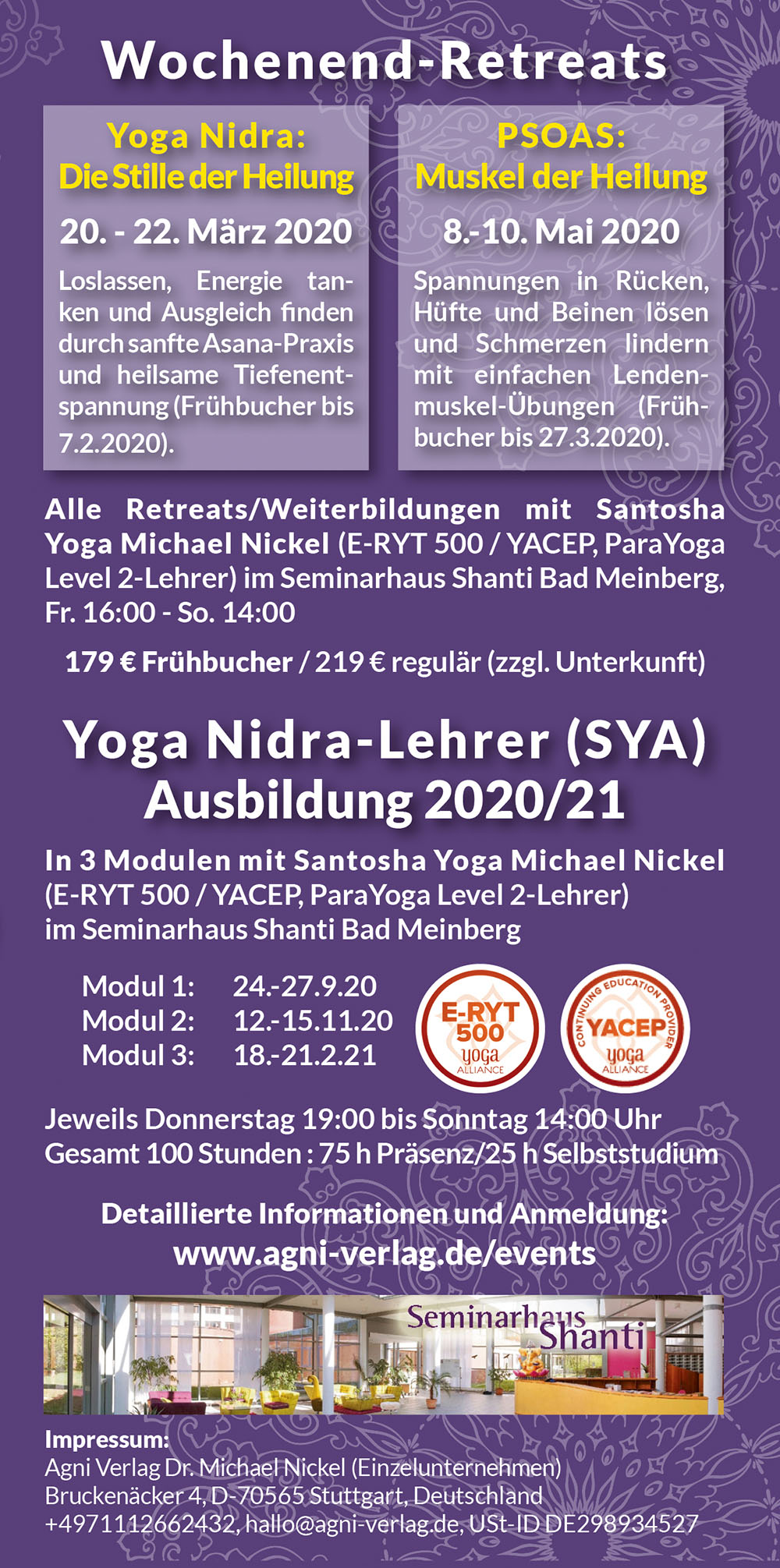 Agni Verlag Events Wochenend Retreat Yoga Nidra Lehrer Ausbildung 2020